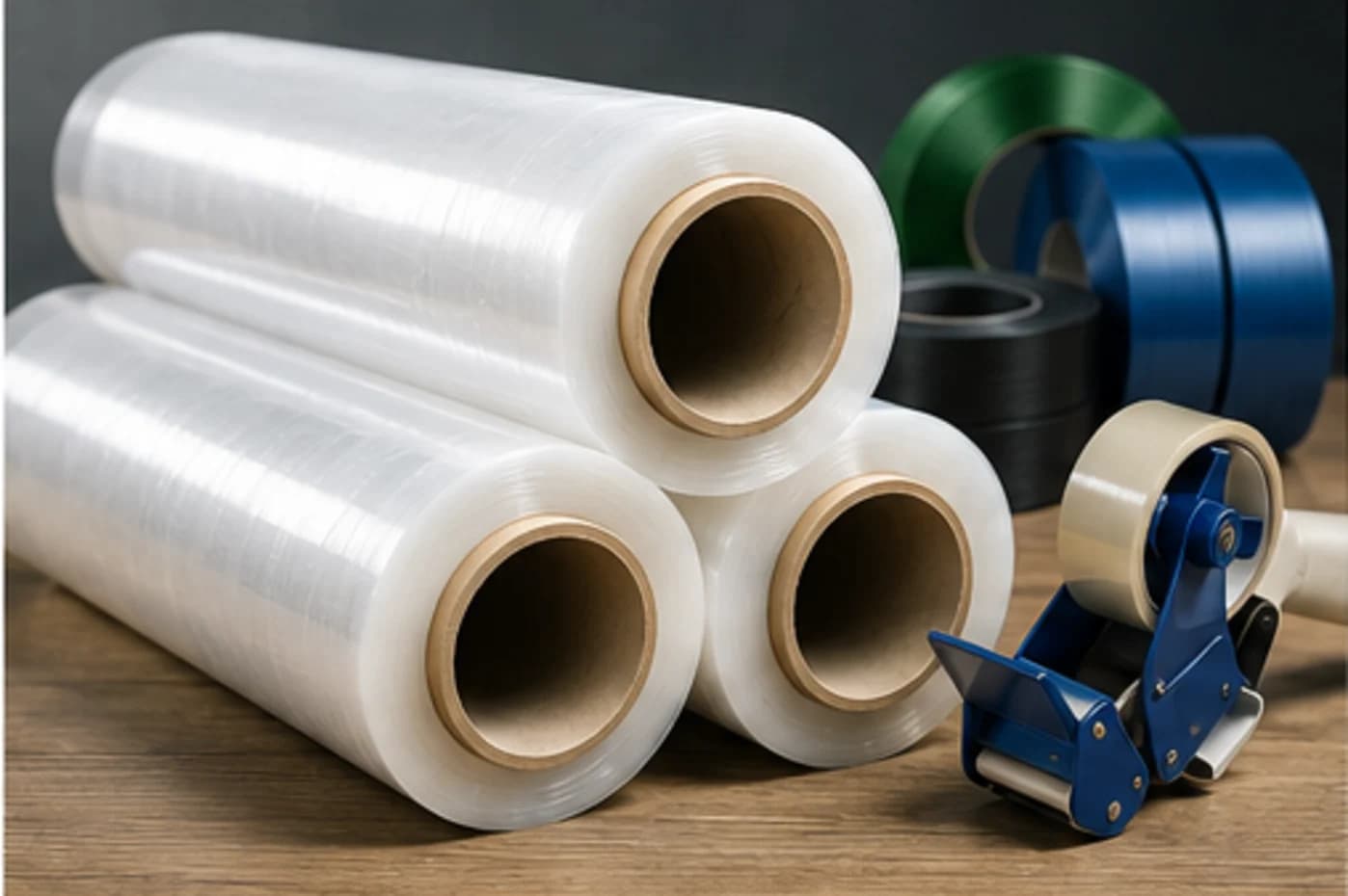 Stretch film rolls with packaging tape and a dispenser