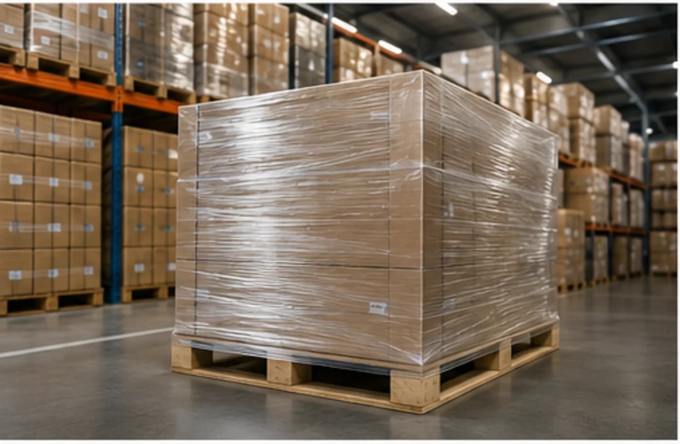 A pallet wrapped in stretch film inside a warehouse